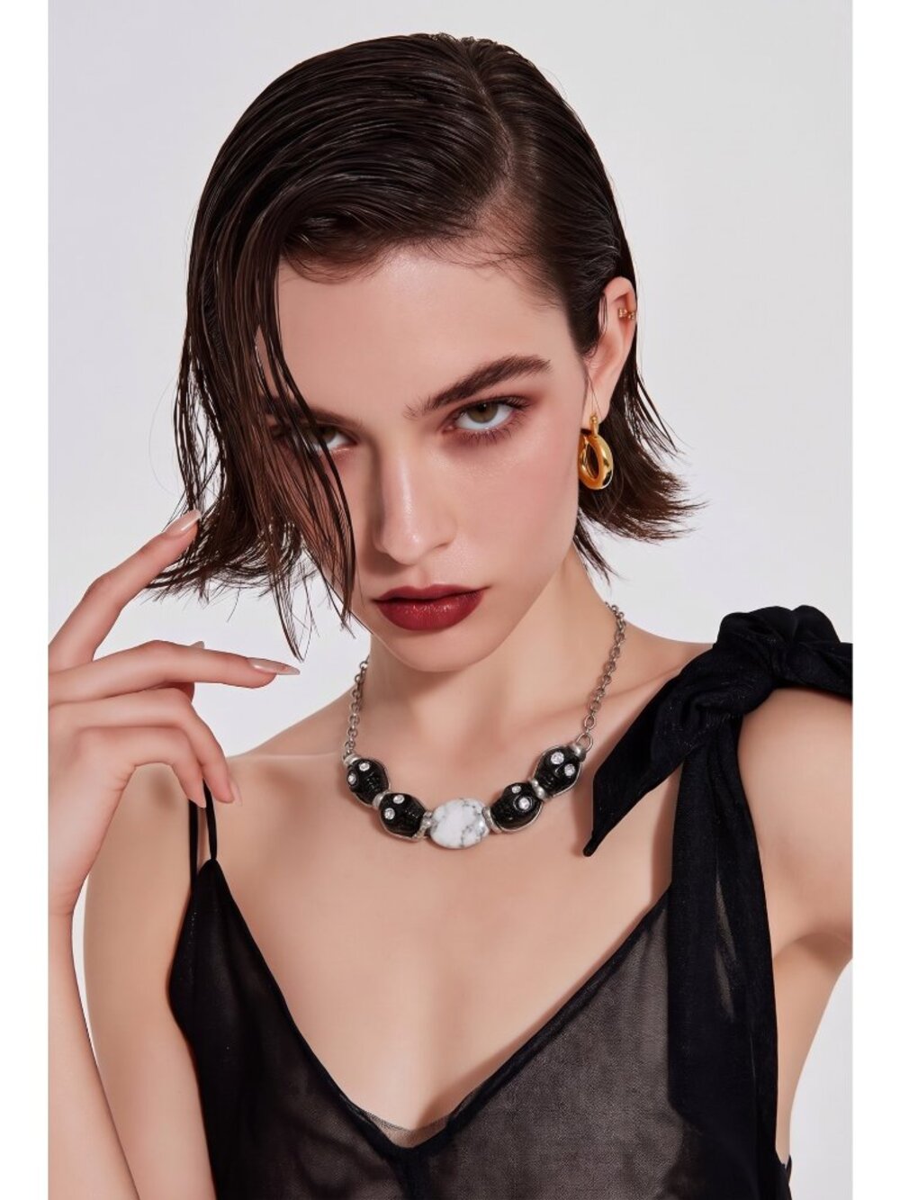 Black Onyx Skull & White Marble Bohemian Necklace Swarovski Crystals Hand Solder